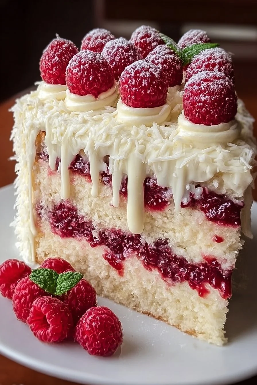 White Chocolate Raspberry Dream Cake with layers of creamy frosting and fresh raspberries