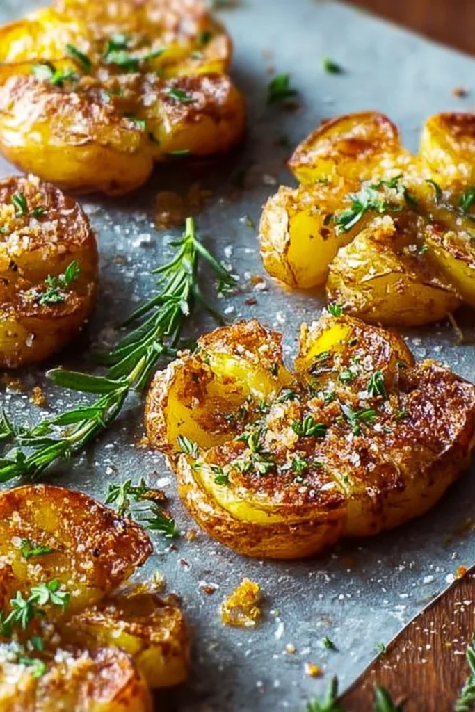 Delicious crispy smashed potatoes on a plate garnished with herbs