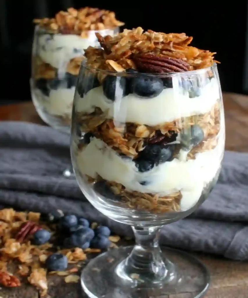 layered yogurt parfait with granola, blueberries, and pecans in a glass