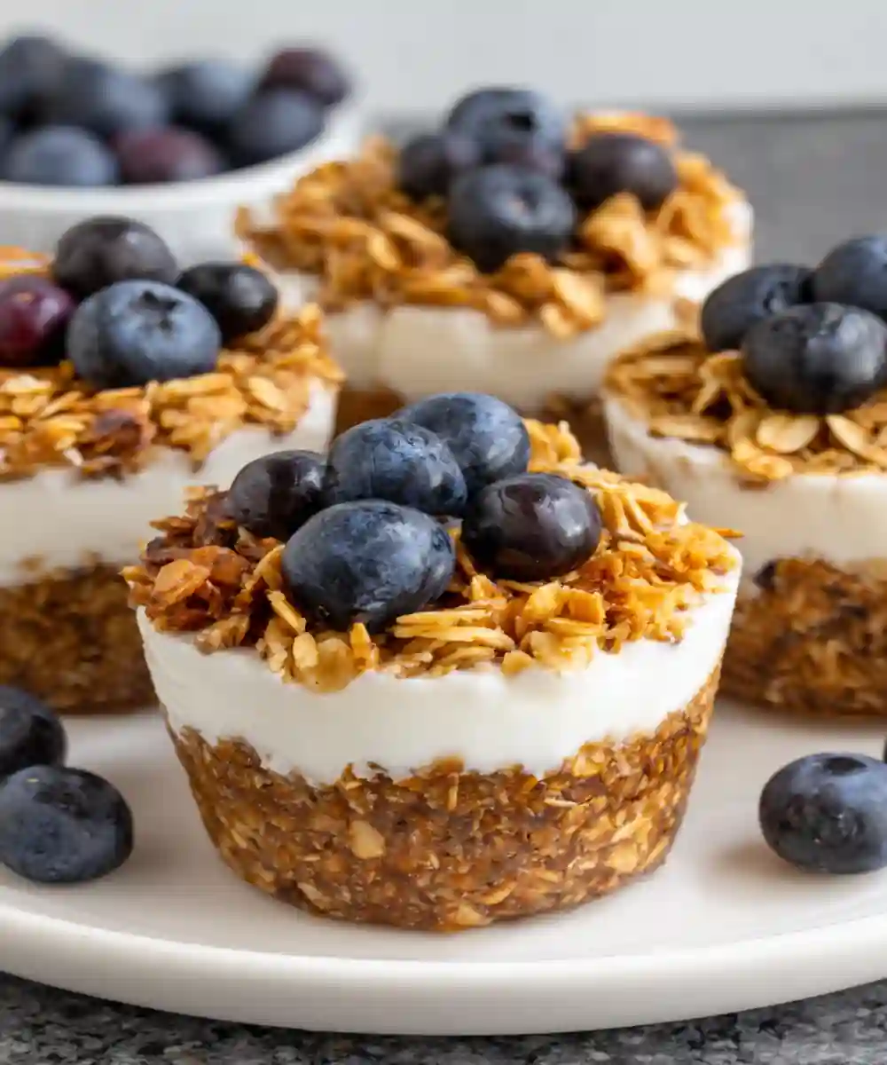 no-bake yogurt granola snack cups topped with fresh blueberries