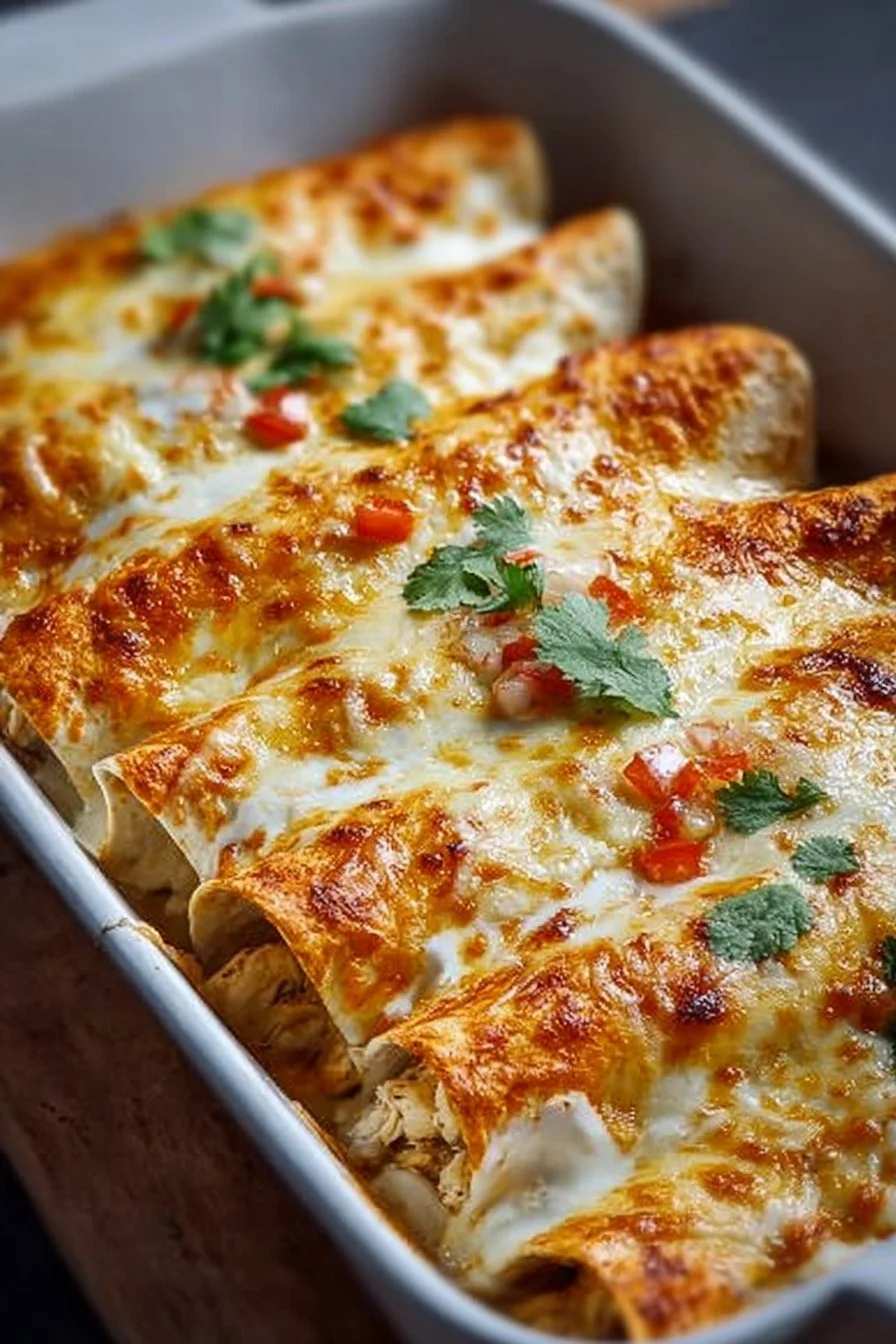 38g protein chicken enchiladas topped with creamy white sauce