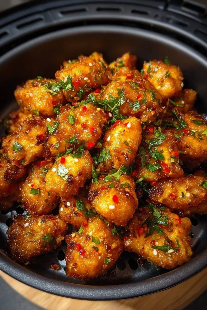 Delicious Air Fryer Bang Bang Chicken garnished and ready to serve.