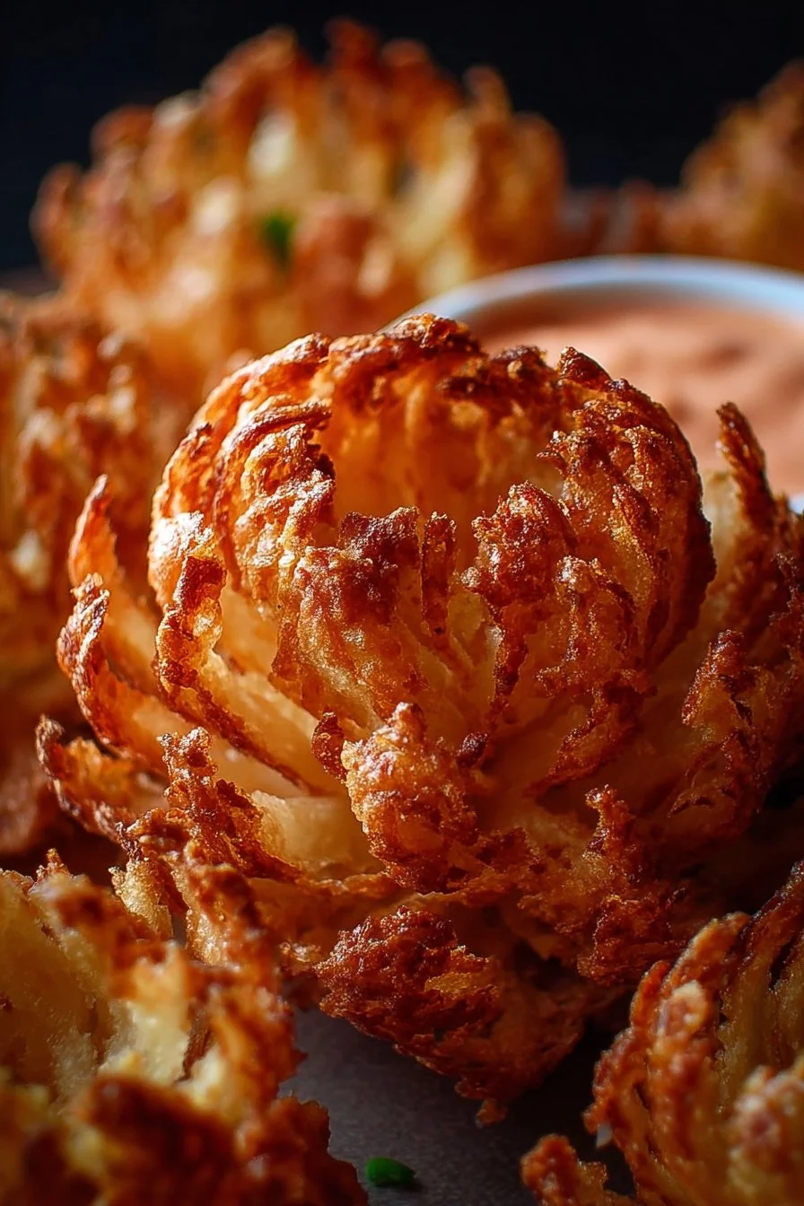 Crispy air fryer blooming onion served with dipping sauce