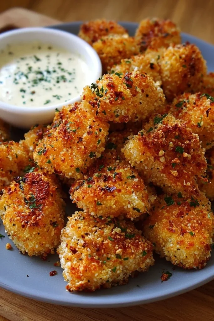 Air Fryer ranch-crusted chicken bites served on a plate