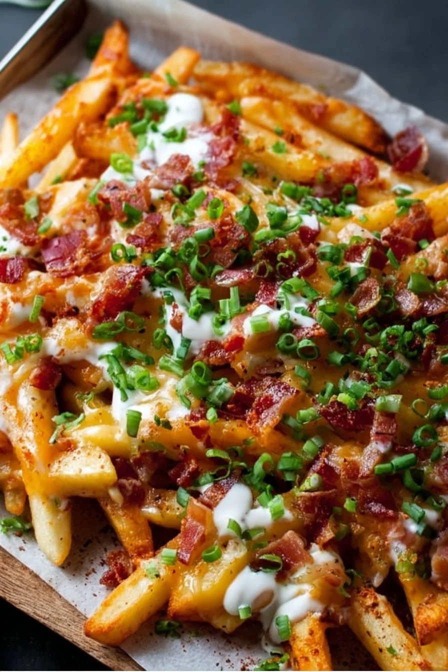 Plate of delicious loaded fries topped with cheese, bacon, and jalapeños
