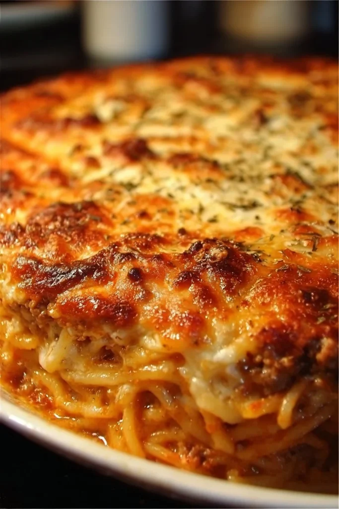 Baked Cream Cheese Spaghetti Casserole with cheese and herbs