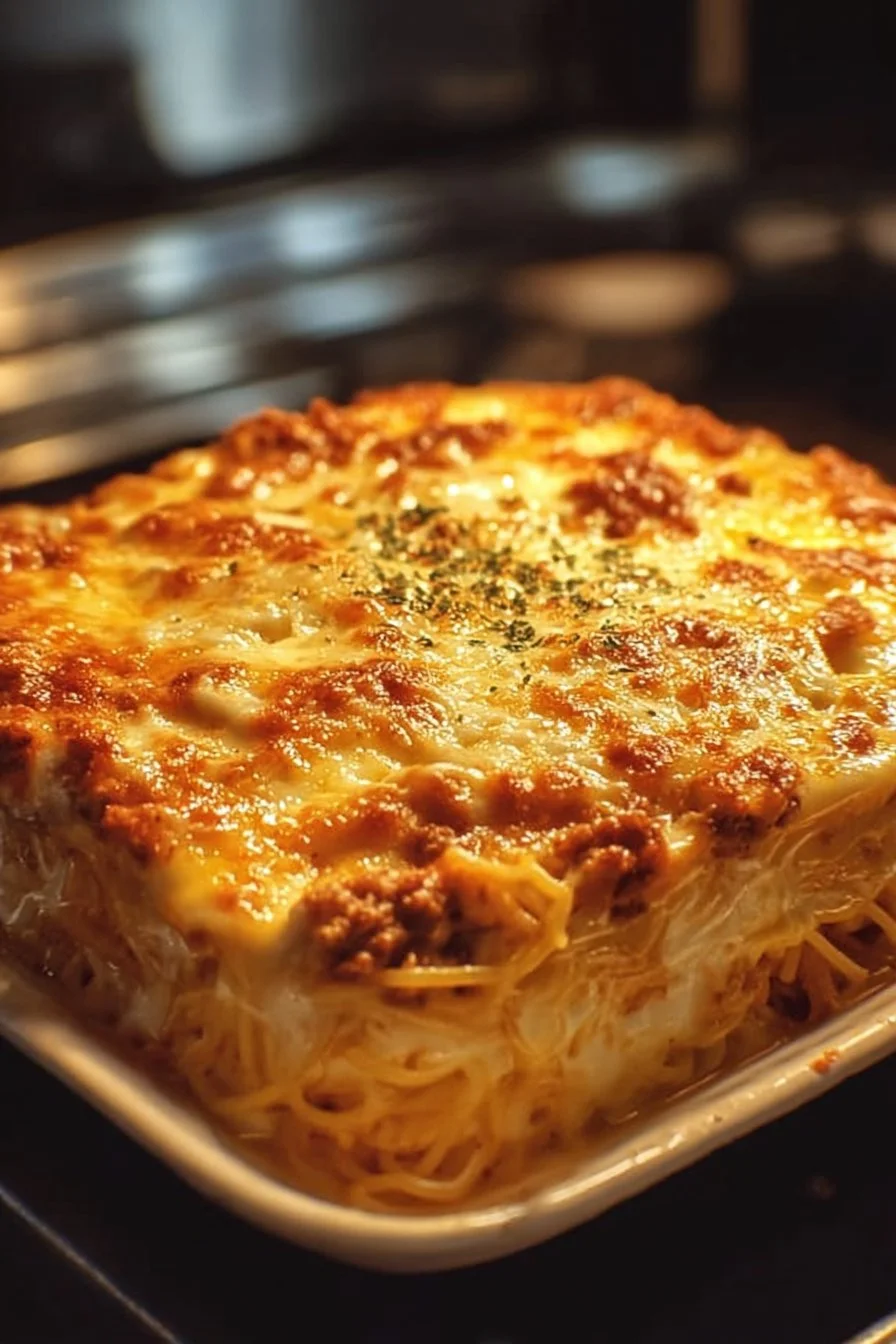 Baked Cream Cheese Spaghetti Casserole topped with herbs and cheese