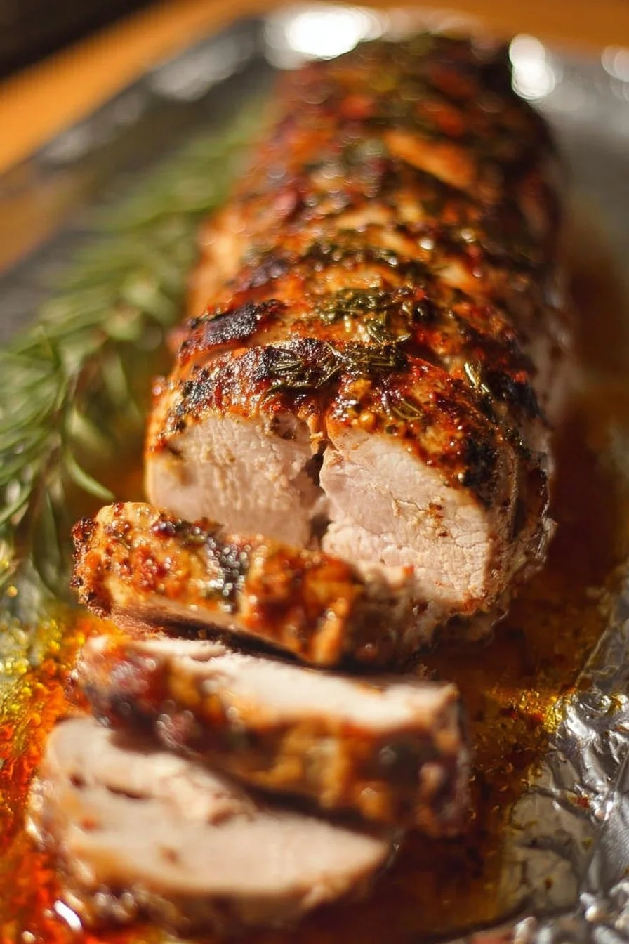 Juicy Baked Pork Tenderloin served with herbs and spices on a platter.
