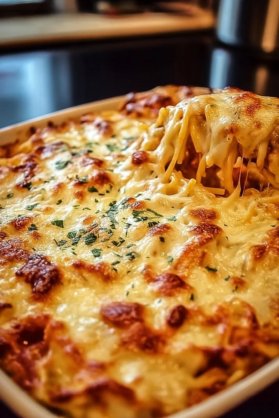 Delicious Baked Spaghetti Casserole with cheese and herbs