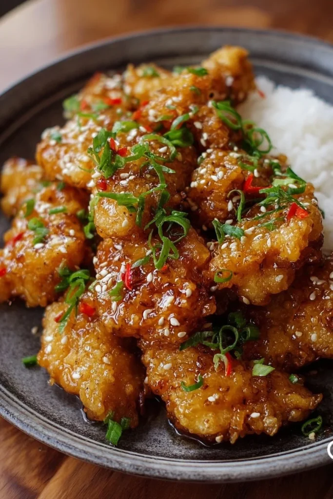 Plate of Bang Bang Chicken with spicy sauce and garnishes