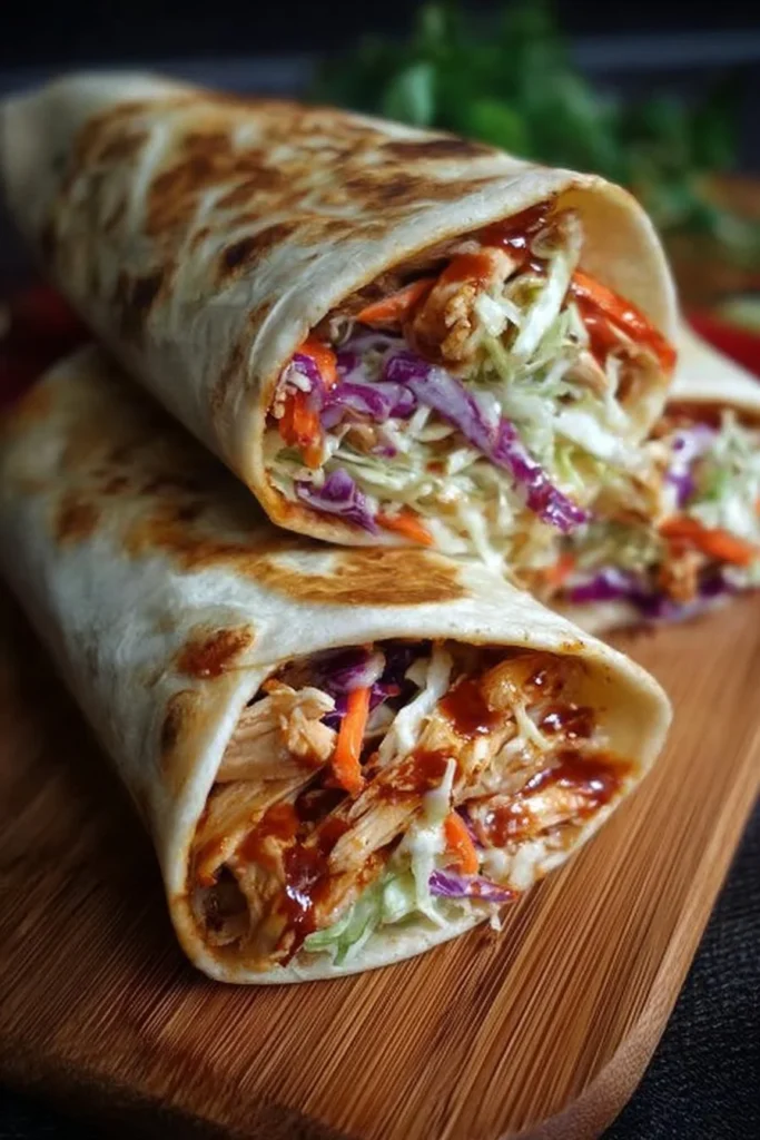 BBQ chicken coleslaw wraps served on a plate