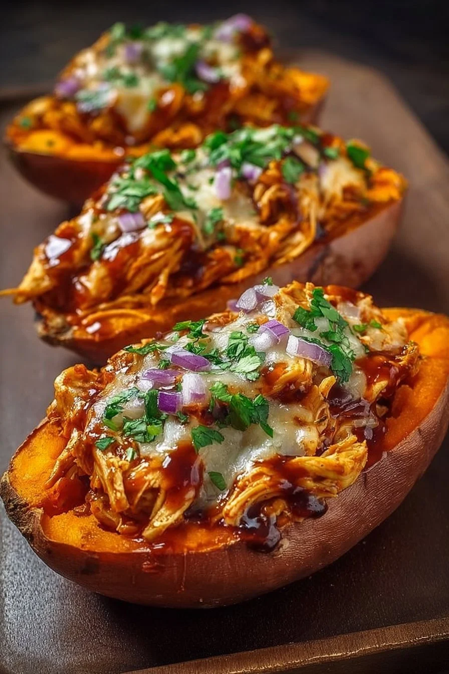 BBQ chicken stuffed sweet potatoes on a rustic plate