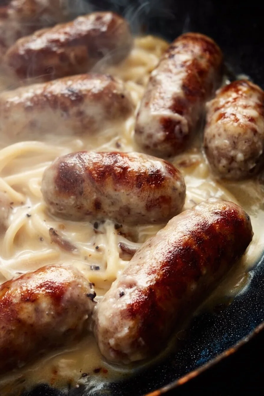 Delicious beer brats sizzling on the grill with beer marinade