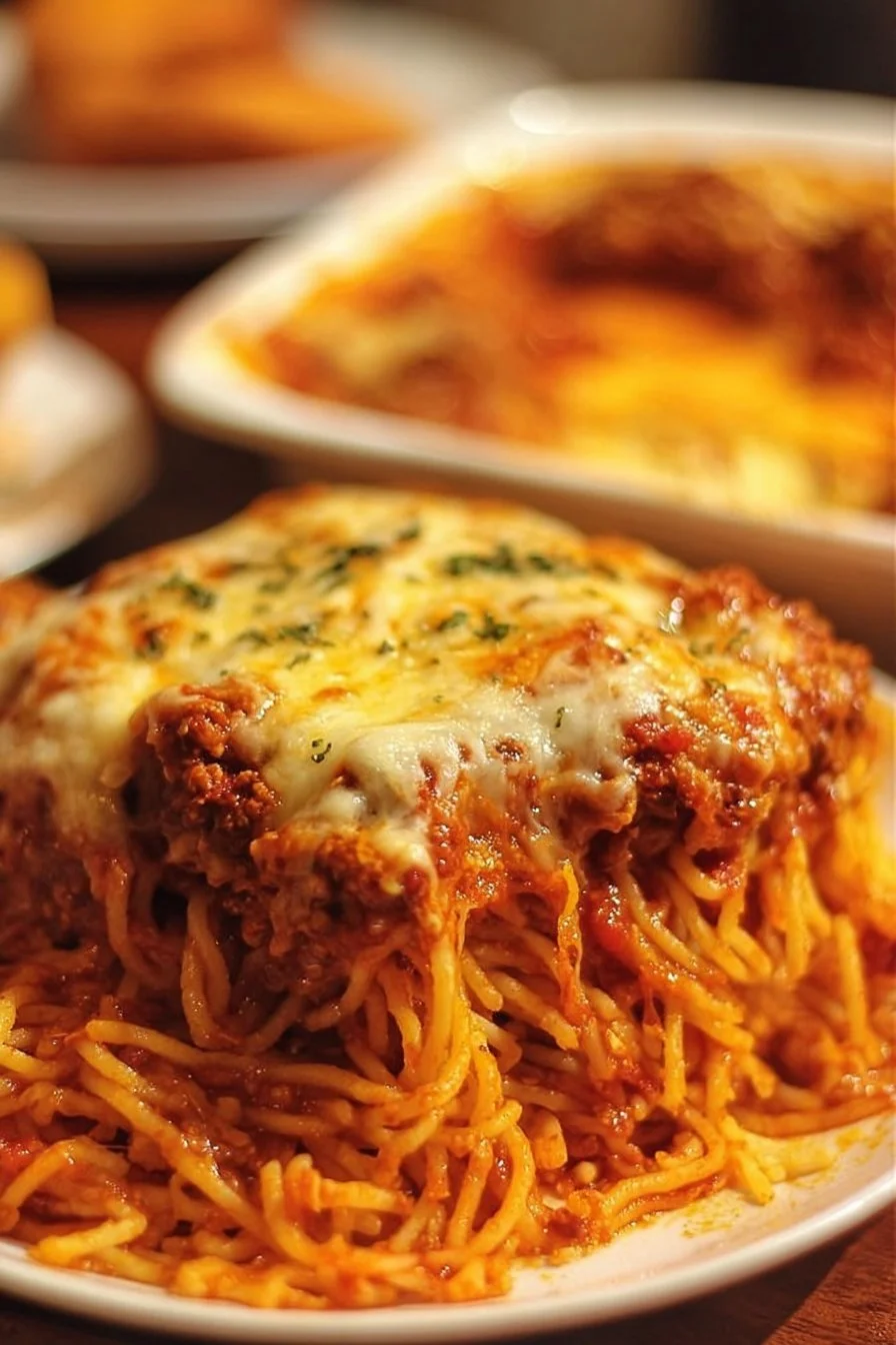 Delicious baked spaghetti topped with cheese and herbs