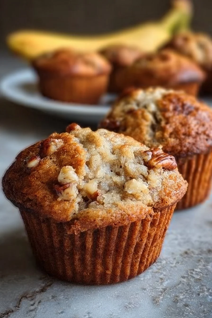 Delicious Greek Yogurt Banana Muffins on a wooden cutting board