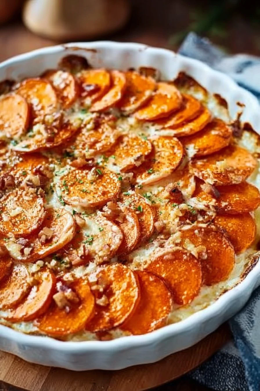 Deliciously baked scalloped sweet potatoes topped with cheese and herbs.
