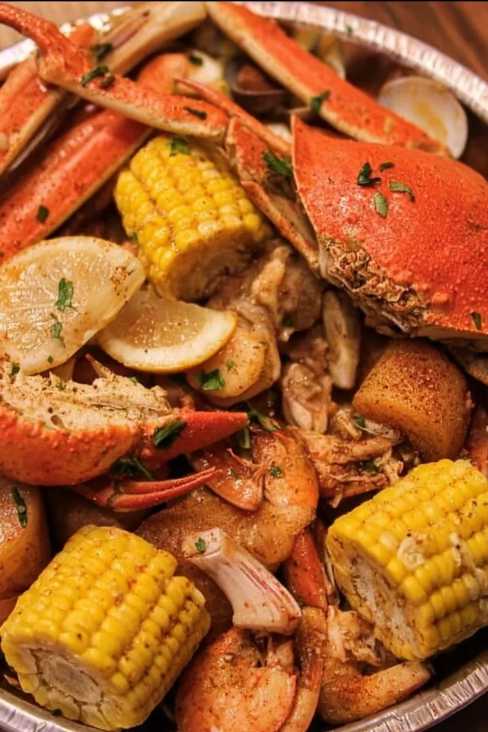 A delicious seafood boil with shrimp, crab, and vegetables in a flavorful broth.