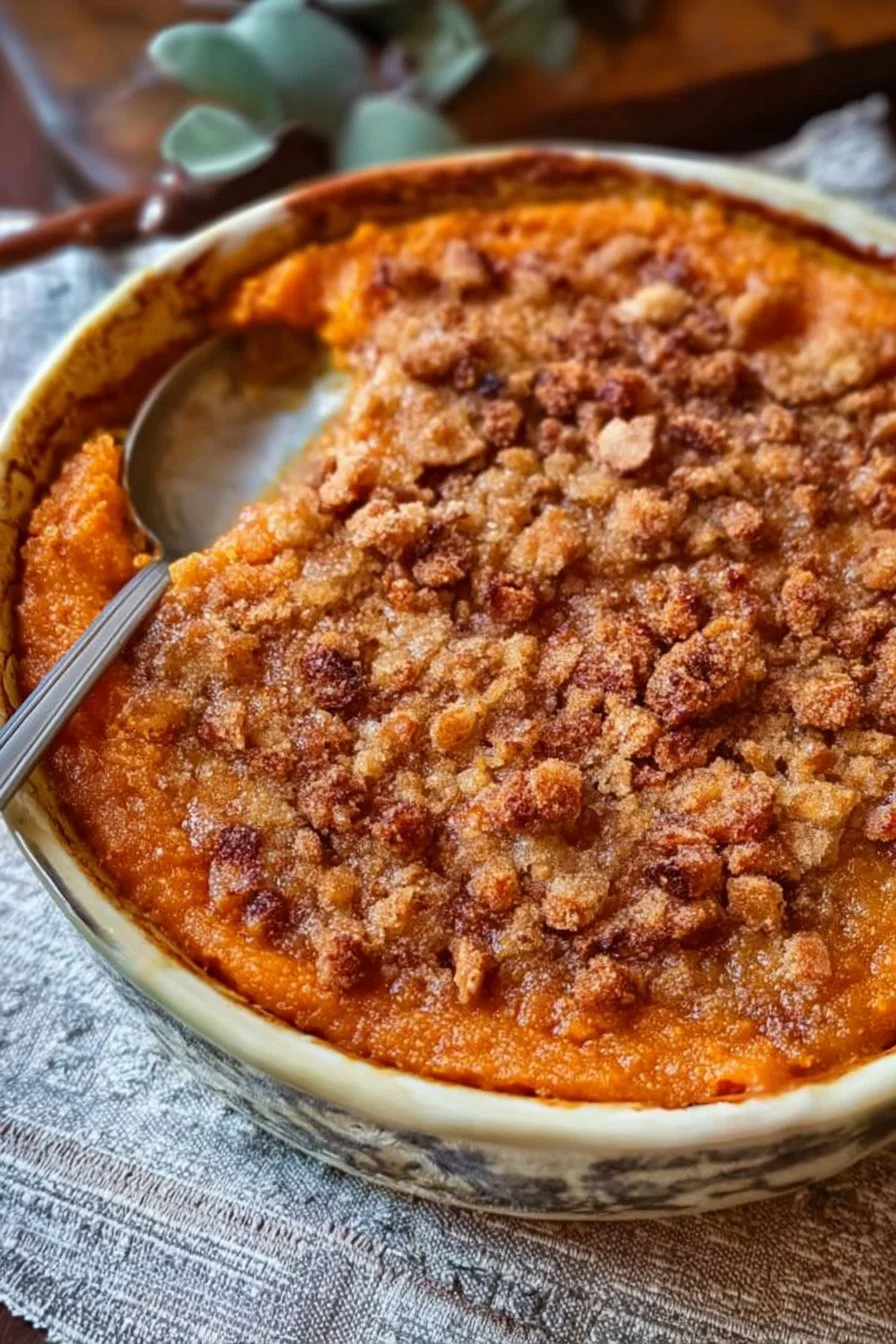 Delicious homemade sweet potato casserole topped with pecans and marshmallows