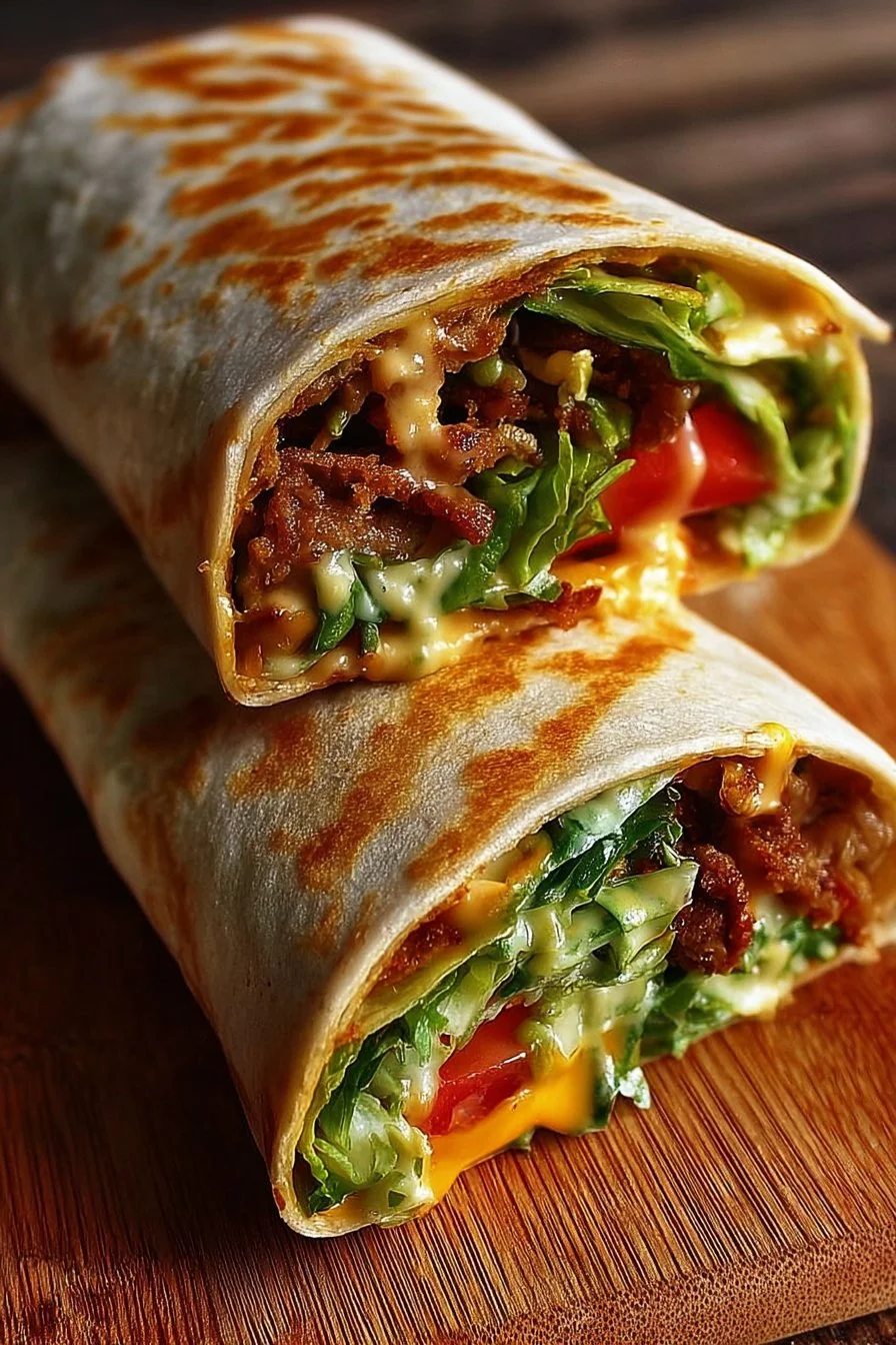 Big Mac-inspired wraps with lettuce, cheese, and sauce in a tortilla