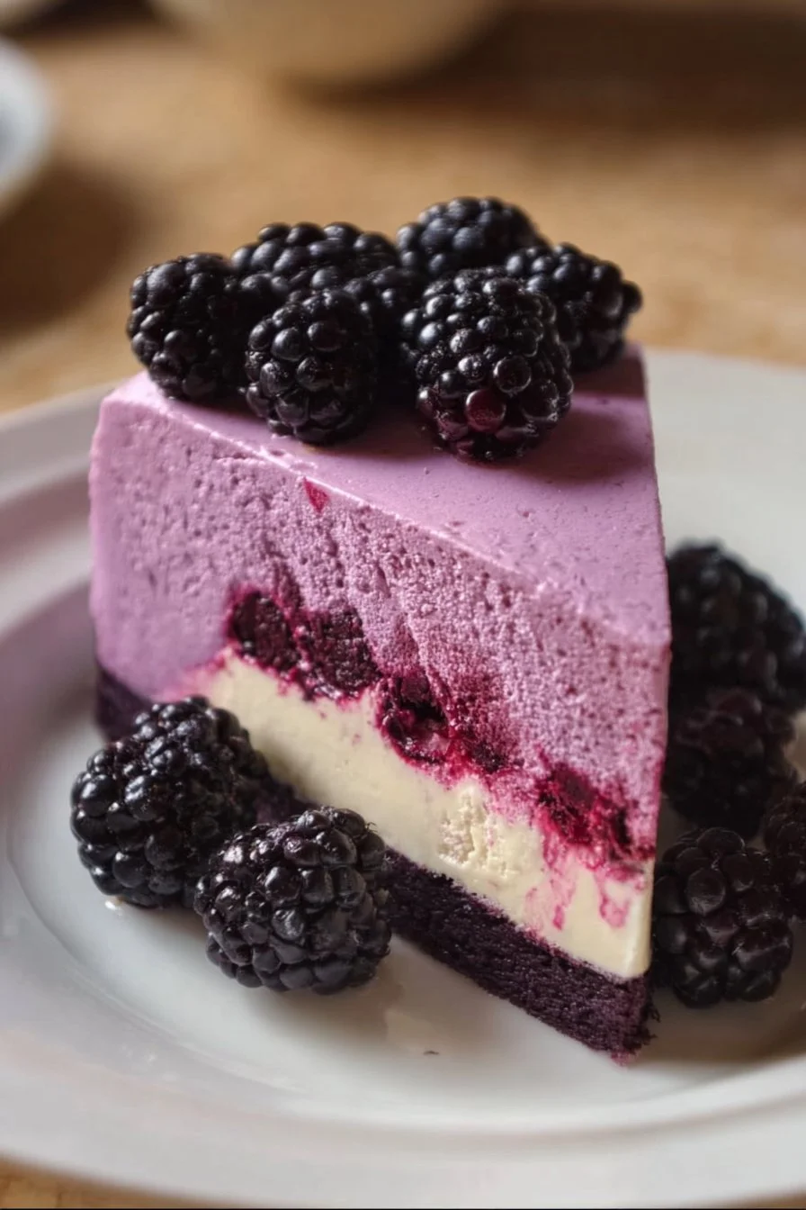 Delicious blackberry mousse cake with creamy texture and fresh blackberries on top