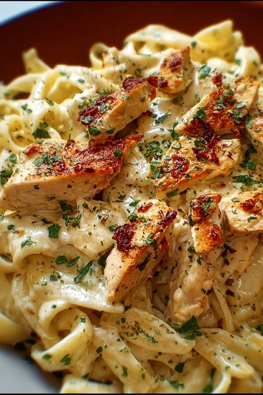 Creamy Boursin chicken pasta served in a bowl, garnished with herbs.