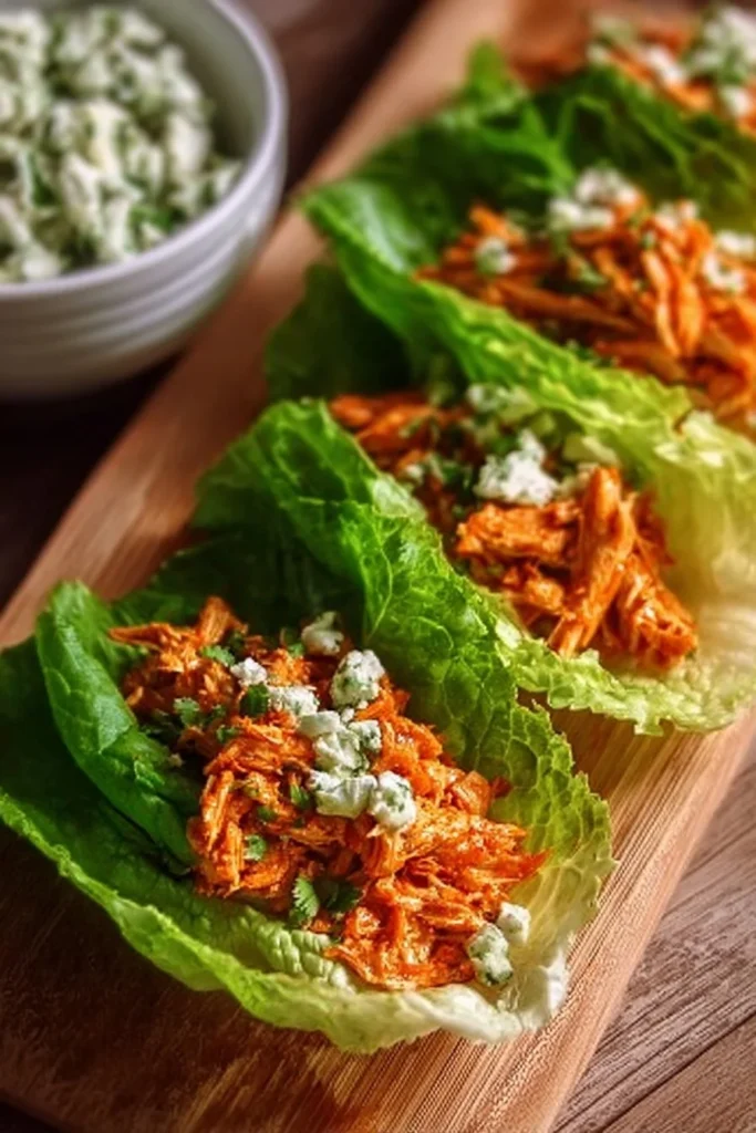 Buffalo Chicken Lettuce Wraps served on a platter with dipping sauce