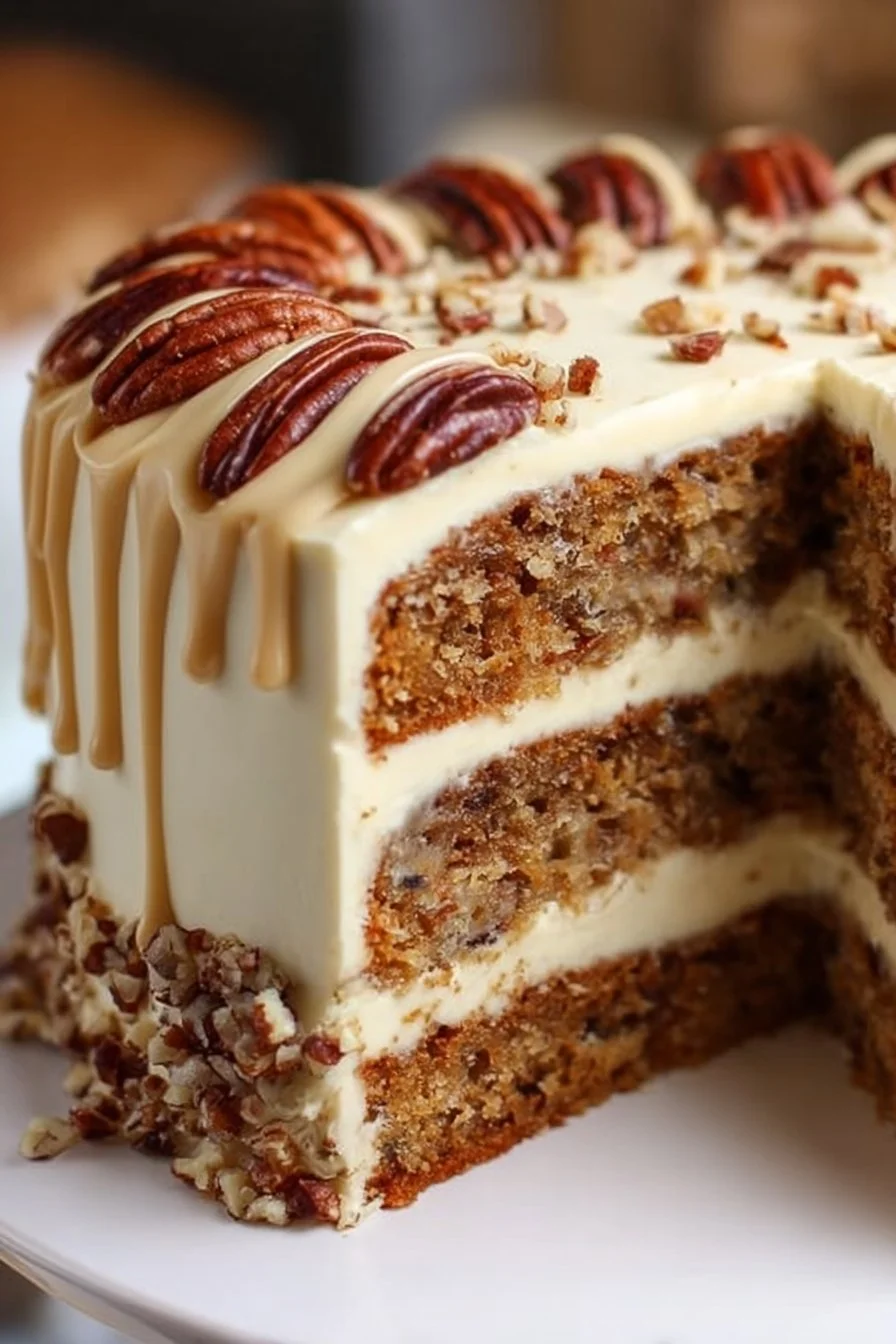 Delicious Butter Pecan Cake with toasted pecans and creamy frosting