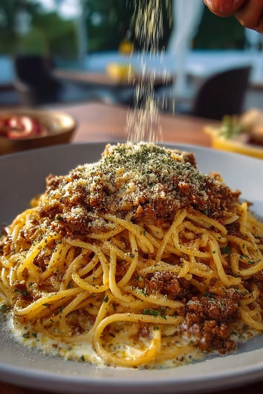 Cajun Beef Spaghetti in creamy three-cheese Parmesan sauce, garnished and served.