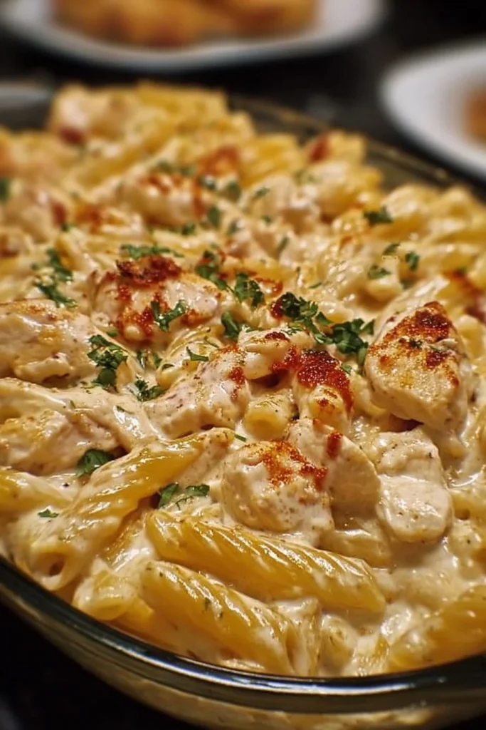 Cajun Cream Cheese Chicken Pasta Bake topped with cheese and herbs