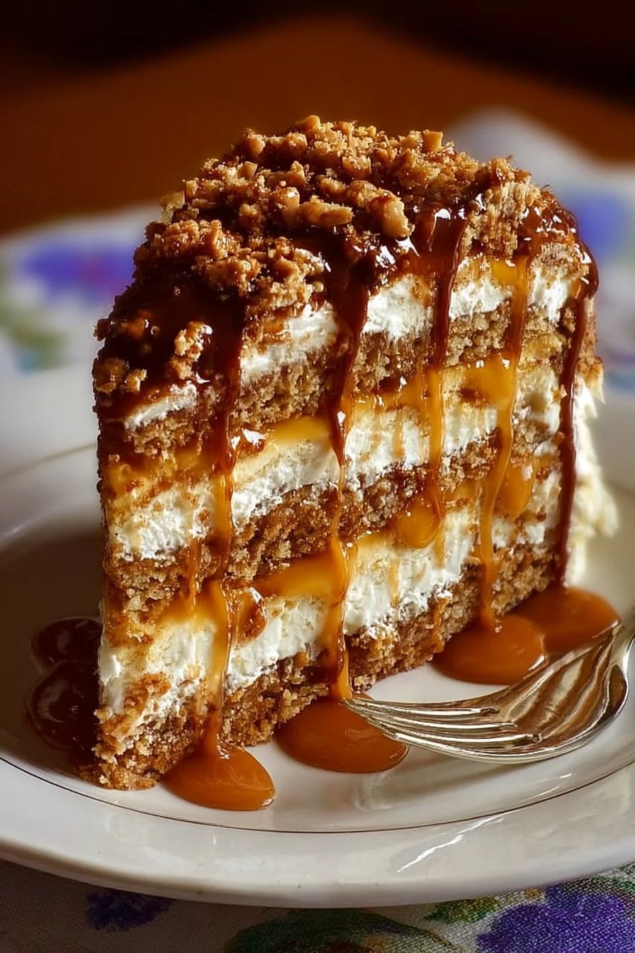 Delicious slice of Caramel Crunch Cake featuring rich caramel and crunchy layers.