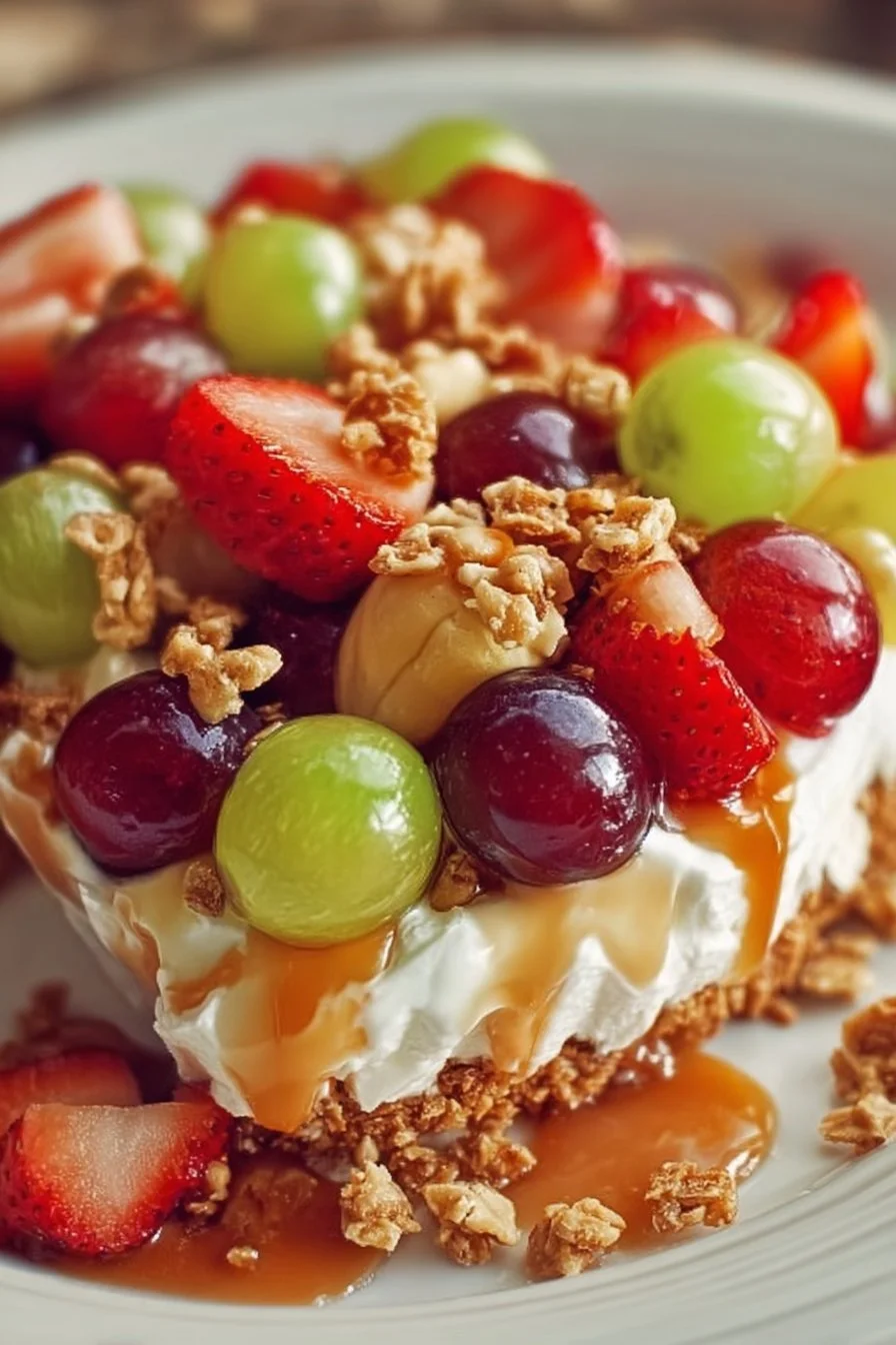 Delicious Caramel Crunch Cheesecake Fruit Salad in a bowl