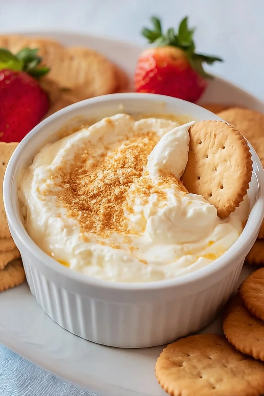 Delicious cheesecake dip served in a bowl with fresh strawberries and graham crackers.