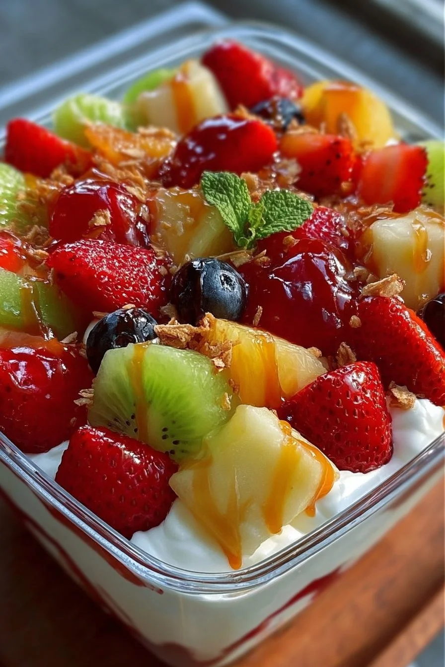 Cheesecake fruit salad with fresh berries and cream topping