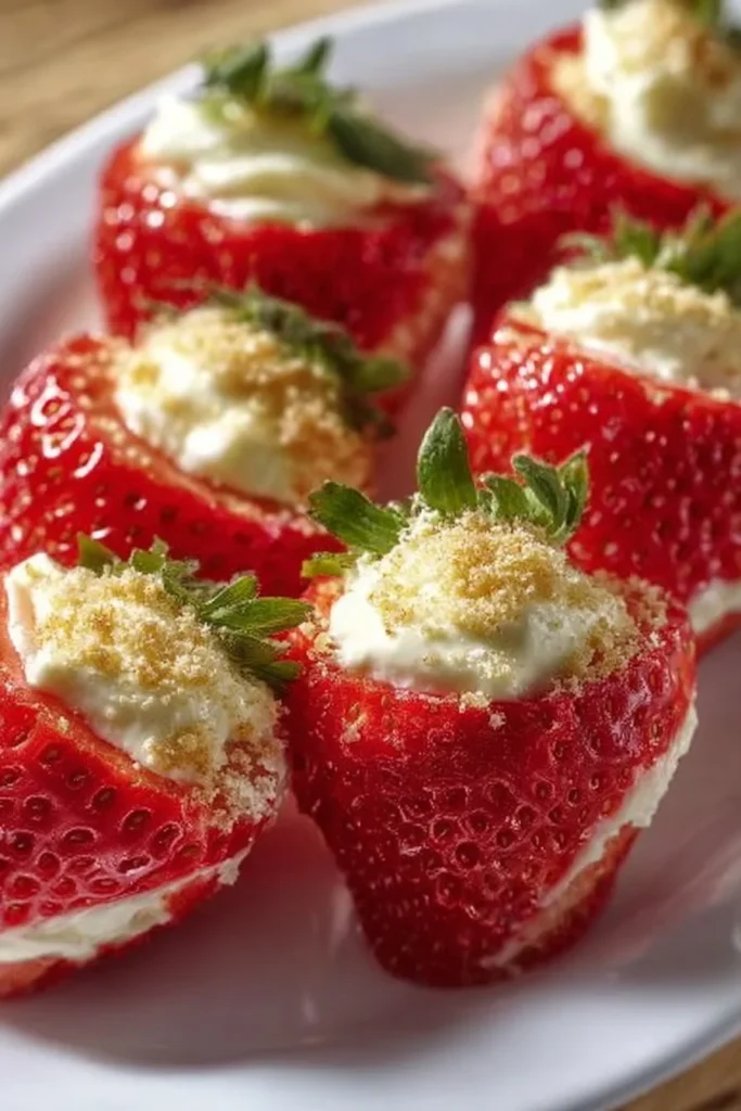 Fresh strawberries filled with creamy cheesecake mixture for a sweet dessert