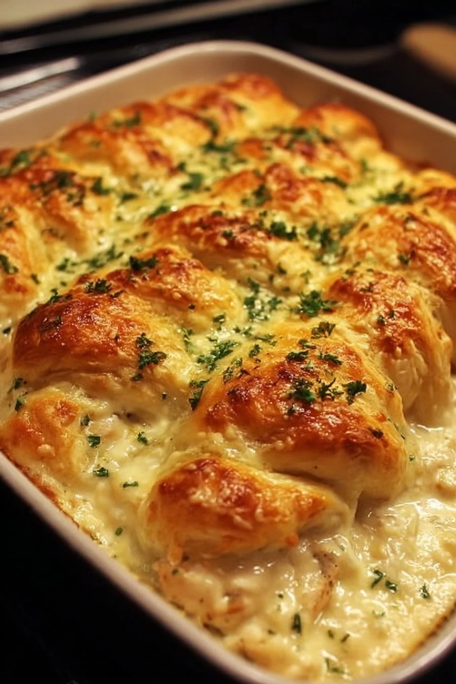 Delicious Cheesy Chicken Crescent Bake topped with melted cheese and herbs