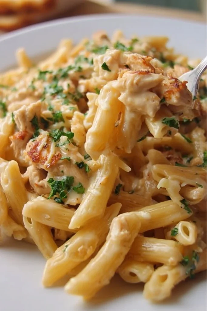 Creamy cheesy chicken pasta dish topped with herbs