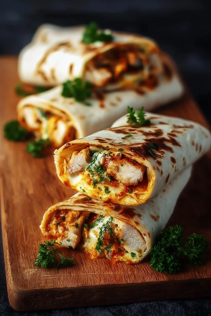 Cheesy Garlic Chicken Wraps with grilled chicken, cheese, and garlic sauce in a tortilla.