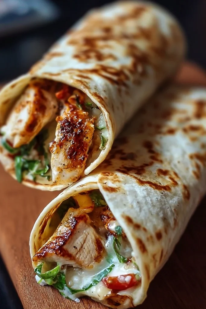 Cheesy garlic chicken wraps on a plate garnished with fresh herbs
