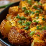 Baked cheesy taco potatoes topped with cheese, sour cream, and spices