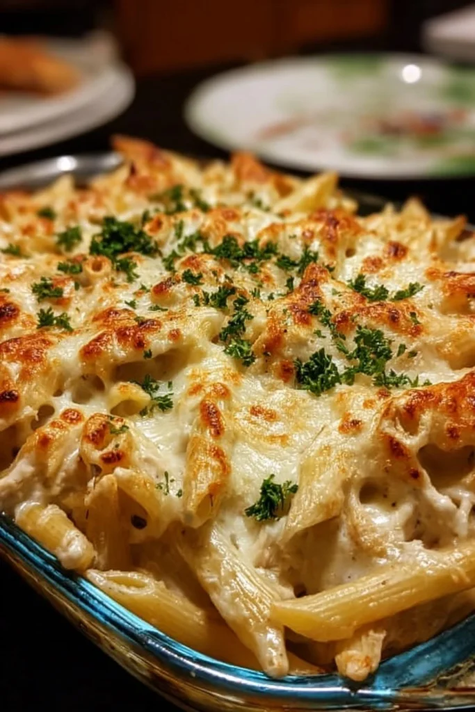 Delicious Chicken Alfredo Pasta Bake with creamy sauce and tender chicken.