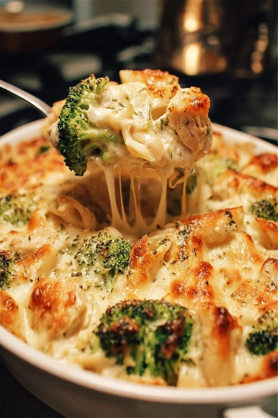 Delicious Chicken and Broccoli Alfredo Bake in a casserole dish