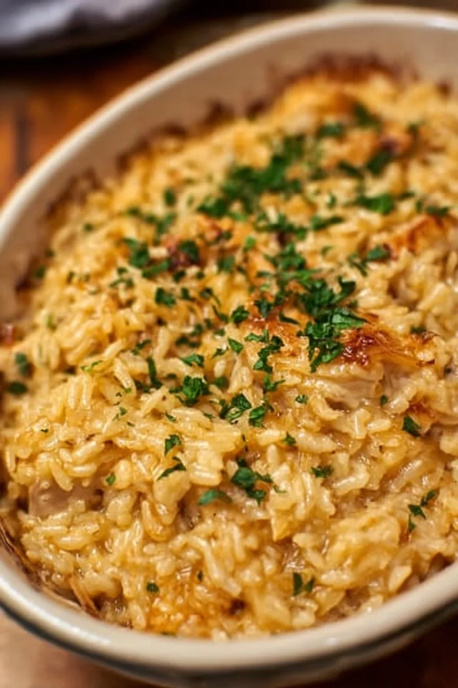 Delicious chicken and rice casserole with vegetables and cheese