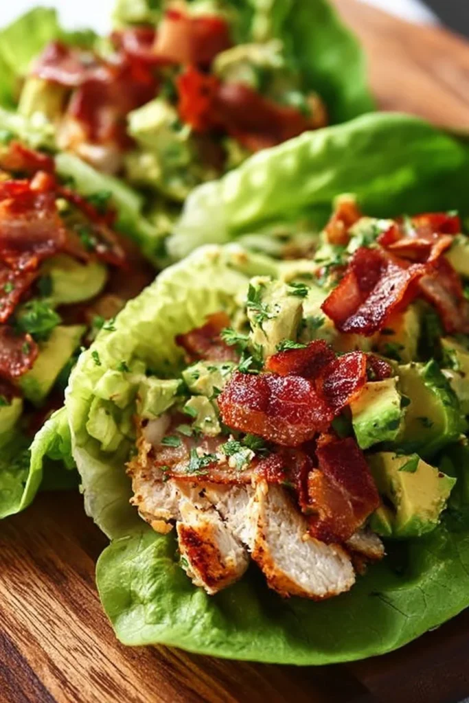 Healthy Chicken Bacon Avocado Lettuce Wraps served on a plate