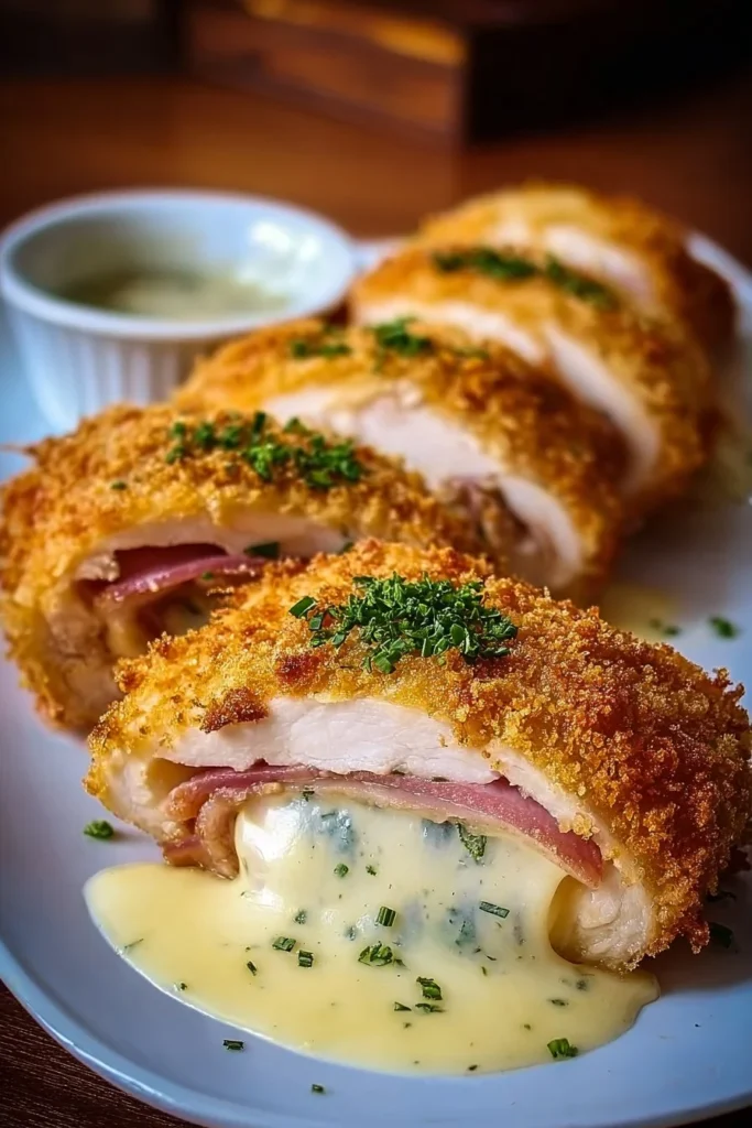 Delicious Chicken Blue Ribbon dish garnished and plated.