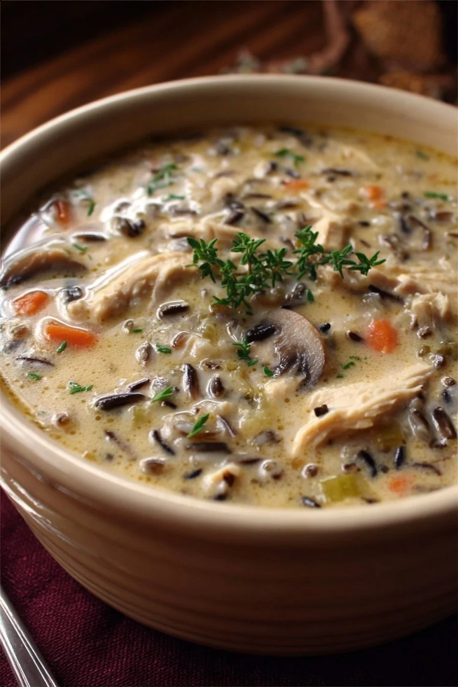 Bowl of Chicken, Mushroom, and Wild Rice Soup garnished with herbs.