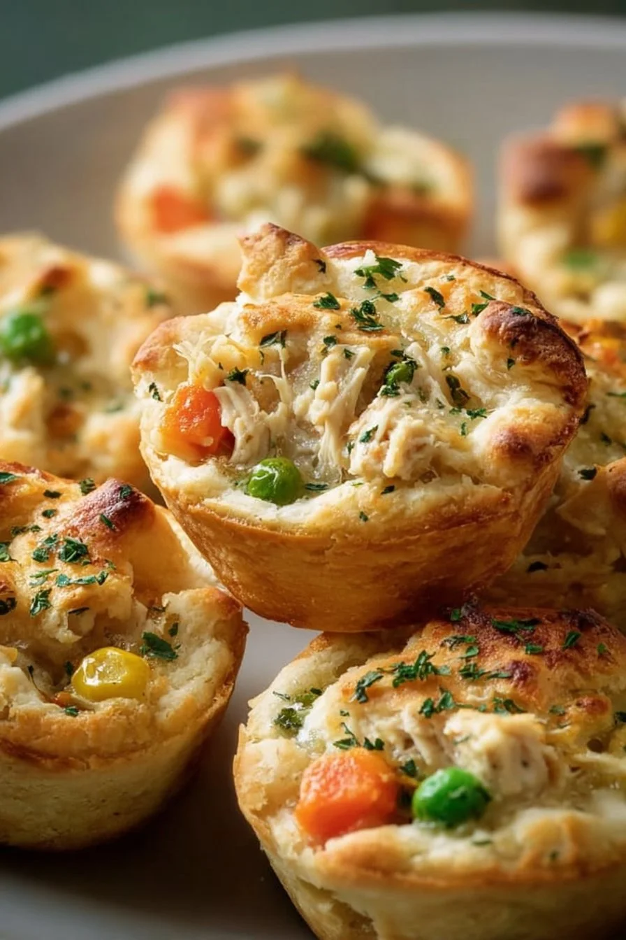Plate of chicken pot pie bites with flaky crust and savory filling