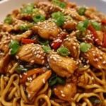 Delicious Chicken Teriyaki Noodles served with fresh vegetables