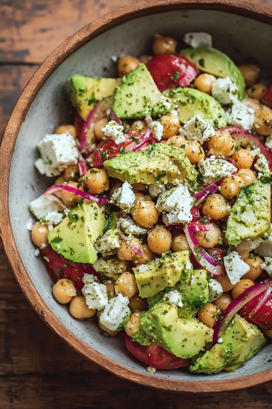Chickpea Feta Avocado Salad with fresh ingredients in a bowl