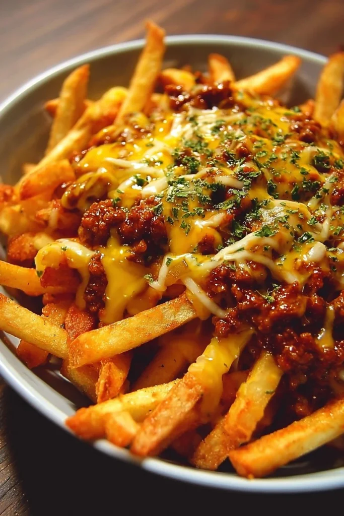 Plate of delicious chili cheese fries topped with chili and cheese