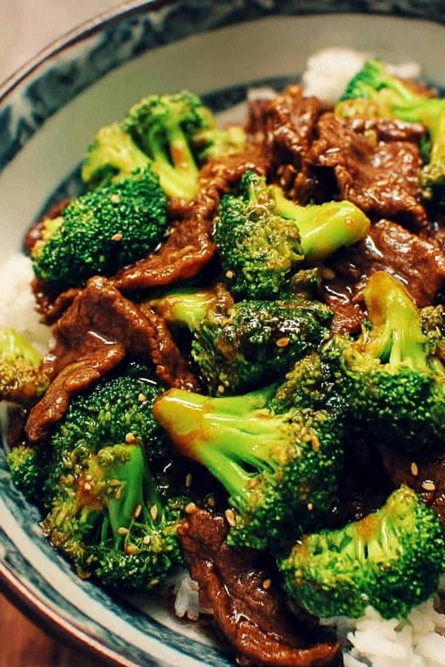 Chinese Beef and Broccoli dish served with rice and garnished with sesame seeds.